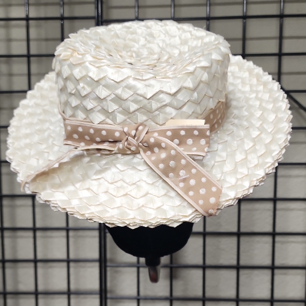 Cream Woven Hat with Polka Dot Bow